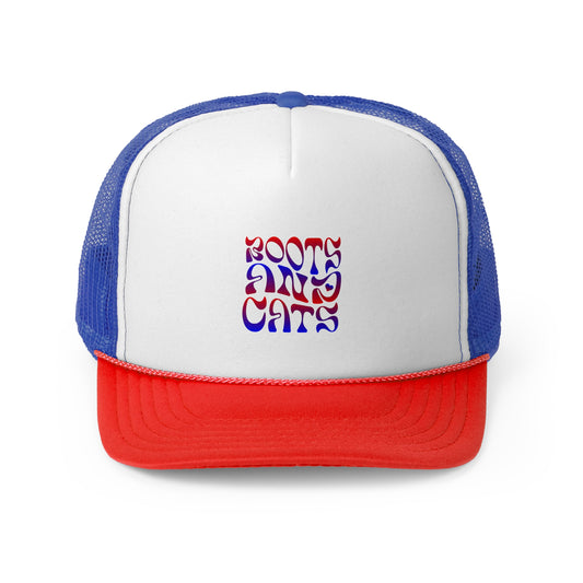 "Boots and Cats" Blue and Red Trucker Hat